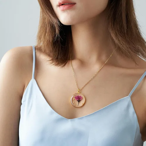 Vista 25 de Collares de flores de nacimiento para mujer, collar de 1 a 12 meses, collar de flores prensadas hecho a mano, regalo único de vacaciones, dorado, 18