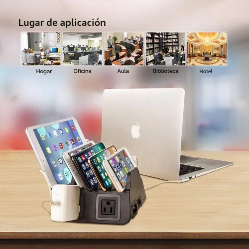 Vista 6 de Estación de carga con 5 puertos USB, organizador para múltiples dispositivos, soporte de escritorio de carga rápida para teléfono Apple Android