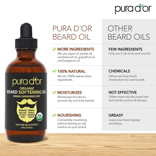 Vista 4 de PURA D'OR Aceite Suavizante para Barba Orgánico de 4 Oz - Aroma Original de Sándalo - Acondicionador que no se enjuaga, Aceite de Argán y Jojoba