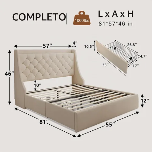 Vista 2 de Einhomn Base de cama tapizada de tamaño completo con 4 cajones de almacenamiento, cama de plataforma con cabecera con respaldo de ala, estación