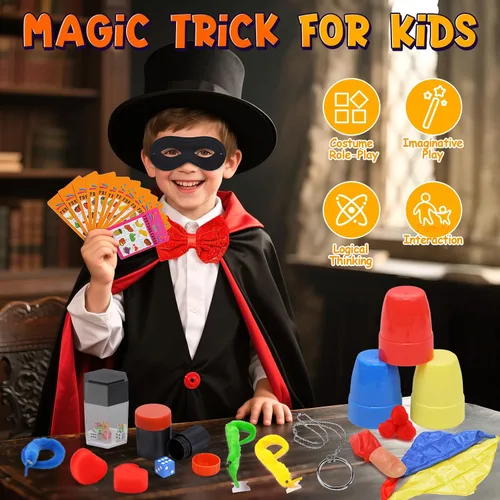 Vista 2 de Skirfy Kit de mago, disfraz de mago para juegos de simulación, trucos de magia para niños de 6 a 8 años, juego de magia para principiantes, regalo
