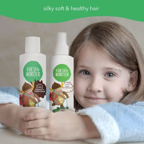 Vista 5 de Fresh Monster Spray desenredante para el cabello, champú y acondicionador 2 en 1, coco, sin toxinas, hipoalergénico y natural (8.5 onzas cada uno)