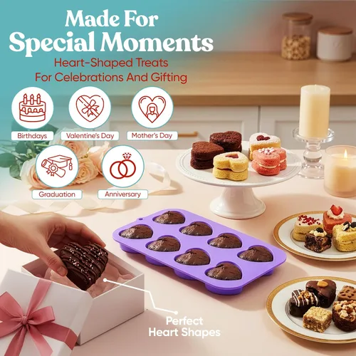 Vista 8 de Bakerpan Paquete de 2 moldes de silicona para hornear – Mini moldes para pasteles en forma de corazón para cupcakes, magdalenas, brownies y postres