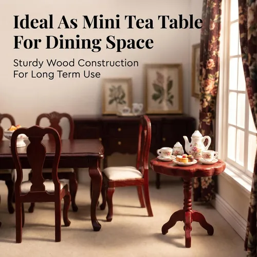 Vista 7 de Mesa auxiliar de casa de muñecas en miniatura, a escala 1:12, muebles de madera, mesa de té lateral redonda, modelo para casa de muñecas, sala