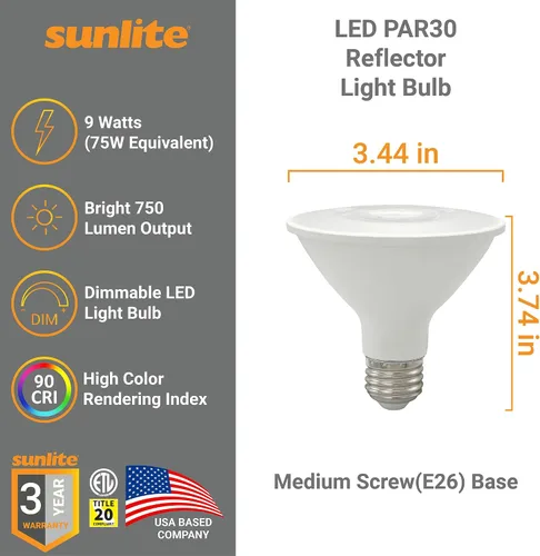 Vista 2 de Sunlite Bombilla LED PAR30 reflectora, 9 vatios (75 W = ), 750 lúmenes, base E26 media, 90 CRI, regulable, reflector, compatible con el título 20