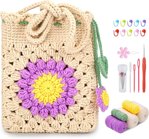 Vista 9 de Pnytty Beginner Crochet Kit for Adults, Shoulder Bag Crochet Starter Kit Beige