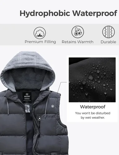 Vista 5 de wantdo Chaleco de invierno acolchado para hombre, chaqueta sin mangas gruesa con capucha desmontable