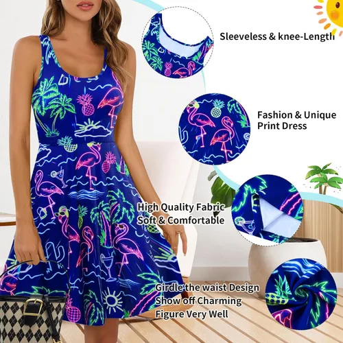 Vista 82 de uideazone - Vestido de mujer sin mangas cuello redondo de verano, para playa, casual, Midi línea A.