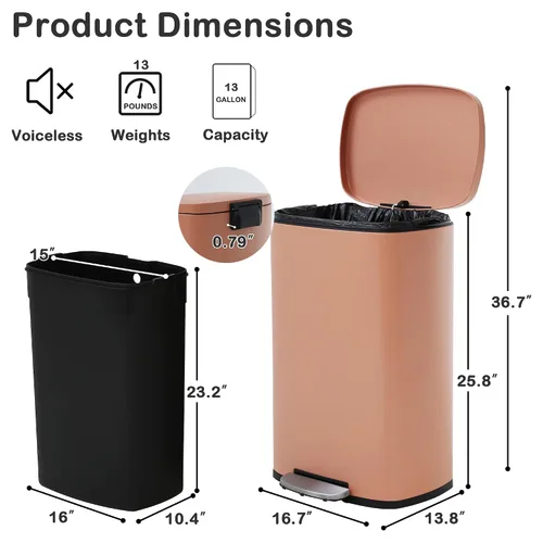 Vista 20 de Basurero de cocina de acero inoxidable de 13 galones con tapa, pedal de pie, cubo de plástico, tapa de cierre suave, resistente a las huellas Negro