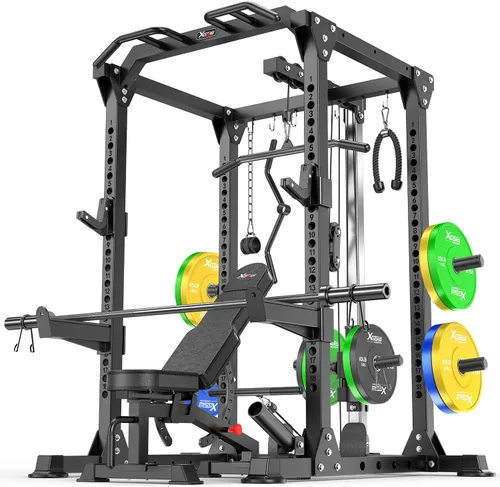 Vista 12 de Power Cage - Rack de Potencia Multifunción con Sistema de Cruce de Cables, Rack para Sentadillas de Capacidad de 1800 LBS con Banco de Pesas