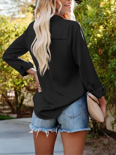 Vista 2 de siliteelon Camisas con botones para mujer, camisas de vestir sólidas, de manga larga, cuello fluido, para trabajo, oficina, negocios, blusas de gasa
