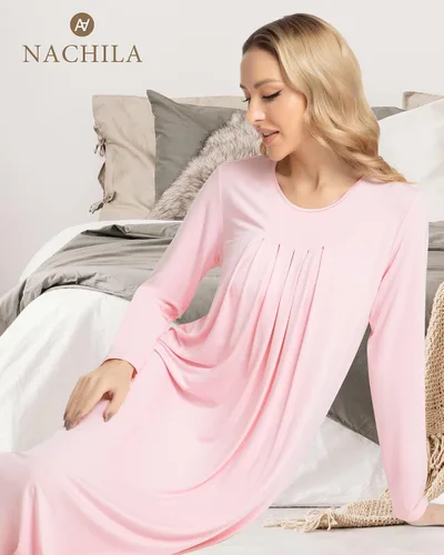 Vista 6 de NACHILA Camisón de bambú para mujer, manga larga, cuello redondo, plisado, tallas S-4XL