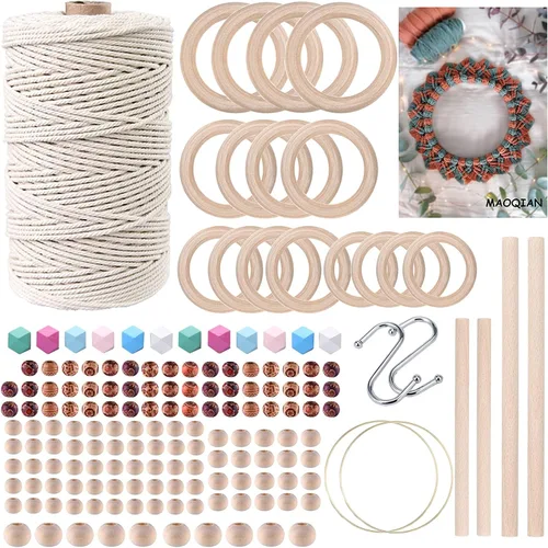 Vista 9 de 120 kits de macramé para principiantes de 0.118 pulgadas x 109 yardas, cordón de macramé de algodón natural con cuentas y anillos de madera, palos