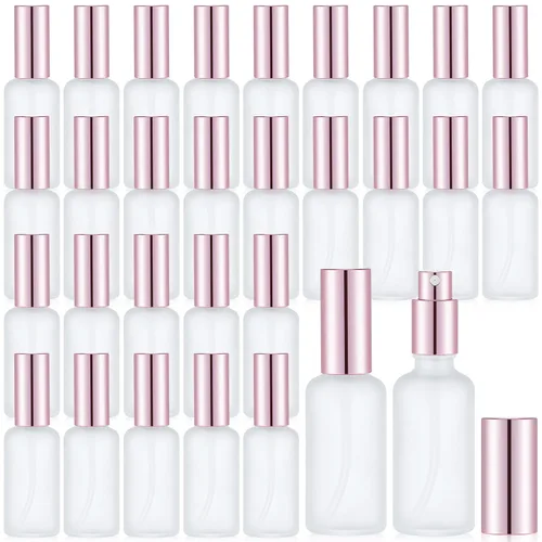 Vista 27 de Roshtia 30 botellas vacías decorativas transparentes de 0.33 onzas fluidas de color madera de haya con atomizador de perfume recargable, con bomba
