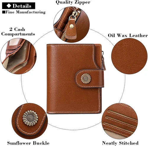 Vista 5 de FALAN MULE Cartera pequeña para mujer, de piel, plegable, compacta, pequeña, con bloqueo RFID, Marrón, Vintage