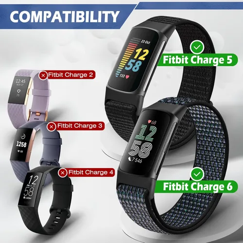 Vista 2 de Correas de nailon para reloj deportivo compatibles con Fitbit Charge 6/5, correa de muñeca ajustable, transpirable, de repuesto, suave, de bucle