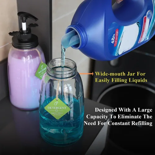 Vista 4 de Dispensador de detergente líquido para ropa, juego de 2 recipientes de detergente para ropa, recargable y reutilizable, dispensador de jabón de 50