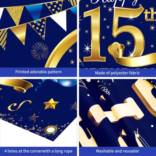 Vista 6 de Cartel de cumpleaños número 15 azul dorado para niños, suministros de fiesta de telón de fondo, letrero de fondo para fotos de cumpleaños de 15 años