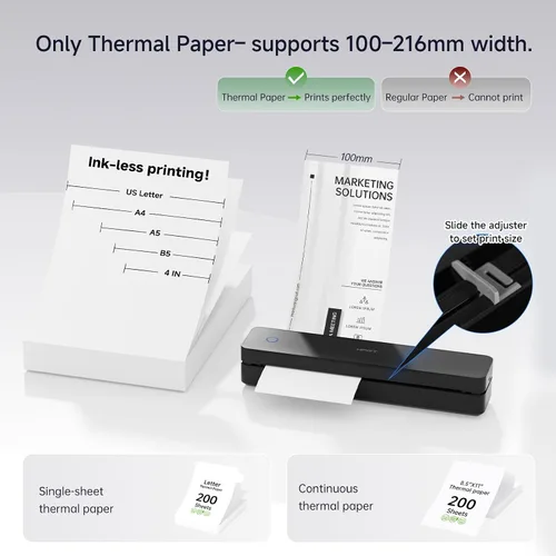 Vista 3 de HPRT MT610 Inkless Portable Thermal Printerr for Travel, Supports Thermal Paper & Labels, Multi-User Bluetooth, Compatible with iOS/Android/Laptop