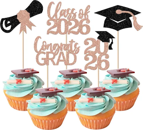 Vista 38 de Paquete de 24 adornos para cupcakes de clase de 2026 con purpurina 2026 para diploma de graduación 2026, selecciones para cupcakes para graduación