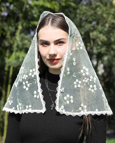 Vista 4 de Mantveil Velo católico de Mantilla de la Iglesia Capilla con forma de triángulo, cubierta de cabeza de encaje, velo de oración de misa española