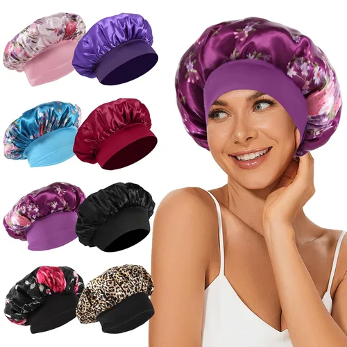 Vista 13 de 4 piezas de gorro de satén de seda, gorro de cabello para dormir, gorro de seda elástica de banda ancha para dormir, suave y transpirable Gorra