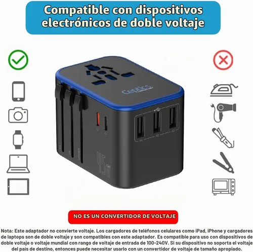Vista 5 de Ceptics 45W Universal Travel Adapter w/ 3 USB-A, 2 USB-C & Universal Input Negro