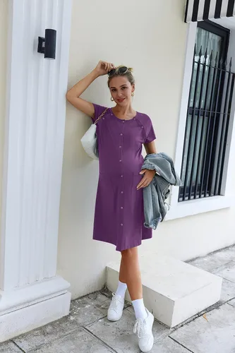 Vista 5 de Ekouaer Vestido de lactancia 3 en 1, camisón de maternidad, parto y lactancia materna con botón
