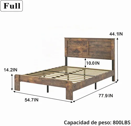 Vista 2 de Marco de cama tamaño matrimonial con cabecero, color marrón oscuro Marco de cama de plataforma de madera rústica con soporte de 12 listones