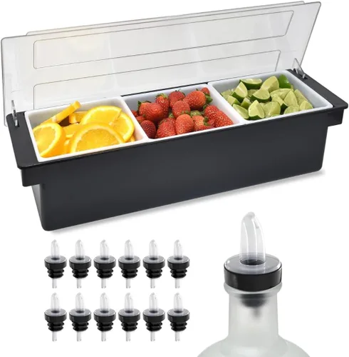 Vista 9 de Esatto - Porta condimentos para bar, bandeja de guarnición refrigerada con tapa para bar, 4 insertos de 1/2 pinta, con 12 vertedores para botellas