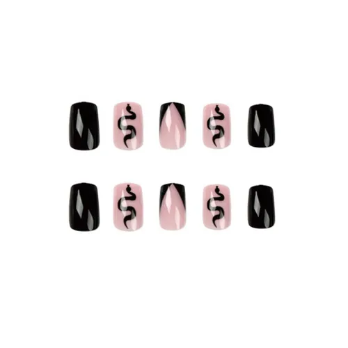 Vista 4 de Uñas acrílicas cuadradas medianas a presión, uñas acrílicas nude y negras para mujeres con diseño de serpiente, juego de 24
