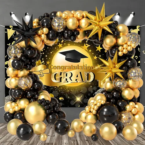 Vista 7 de Kit de arco de guirnalda de globos negro y dorado 158 piezas con globos de confeti negro y dorado, globos de papel de aluminio estrella