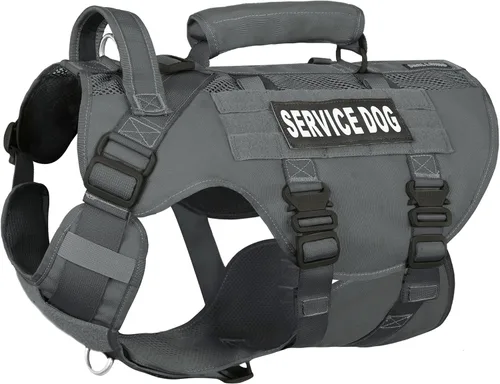 Vista 14 de Chaleco de servicio para perros grandes, arnés táctico marrón con Molle militar, malla transpirable y hebilla de metal de 1.49 oz - Talla M