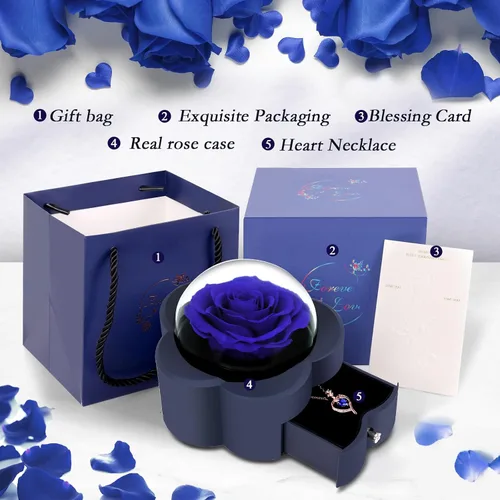 Vista 6 de Rosa preservada con collar de corazón, regalo de flor eterna para mamá, esposa, novia, mujer, perfecto para el día de San Valentín, cumpleaños, Azul