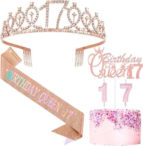 Vista 8 de Crowye Decoraciones de cumpleaños número 17, corona de tiara de 17 años, banda, decoración para tartas, velas, suministros para fiestas, regalos Azul
