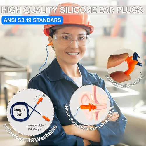 Vista 7 de Paquete de 12 lentes de seguridad transparentes para hombres y mujeres – Certificado ANSI Z87.1, 12 tapones de silicona para los oídos (NRR 25 dB)