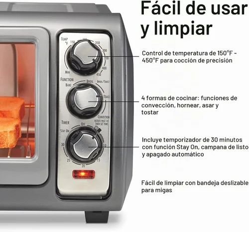Vista 6 de Horno tostador de convección Hamilton Beach de 6 rebanadas con puerta enrollable de fácil acceso, funciones de horneado, asado y tostado, apagado
