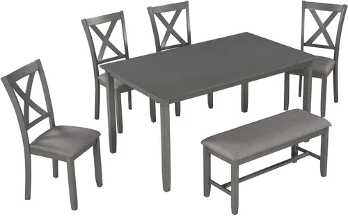 Vista 7 de Merax Juego de mesa de comedor de cocina de 6 piezas, mesa de comedor rectangular de madera, 4 sillas de comedor y banco, muebles familiares para 6