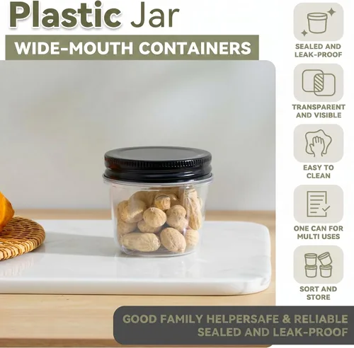 Vista 3 de novelinks Tarros de plástico transparente de 4 onzas con tapas negras, pequeños recipientes redondos reutilizables para alimentos, especias