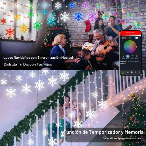 Vista 4 de Luces de Navidad inteligentes de copo de nieve, 156 luces LED de 12 gotas de 3.5 m, enchufe, control remoto por aplicación con 16 millones