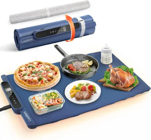 Vista 8 de Tapete de calentamiento de alimentos, calentador eléctrico enrollable de alimentos, 10 niveles de temperatura y temporizador de 10 horas, bandeja