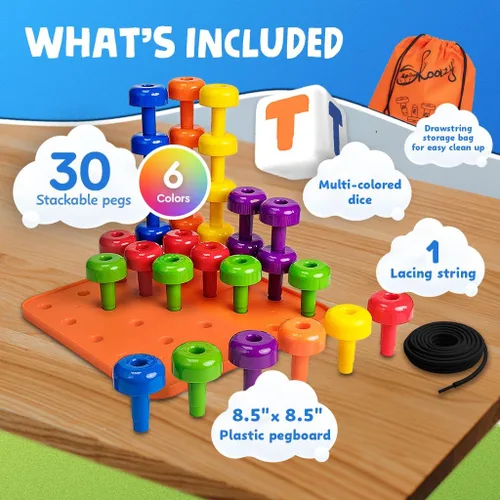 Vista 9 de Juego de tablero de clavijas, Montessori, 33 piezas de plástico, clavijas, dados, cordones Juguetes de terapia ocupacional con clavijas, dados