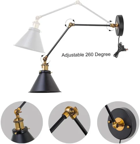 Vista 3 de Apliques de pared de iluminación, enchufe o cableado, lámpara de pared ajustable con brazo oscilante negro con acabado de latón antiguo