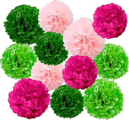 Vista 14 de GAKA Pompones de papel de seda rosa intenso (rojo rosa), rosa y naranja, decoraciones para fiestas, flores de seda colgantes de 10 y 12 pulgadas, 12