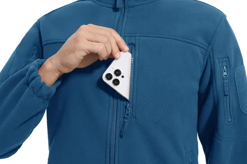Vista 4 de CRYSULLY Chaqueta de forro polar táctica con cremallera completa para hombre, abrigo de invierno con múltiples bolsillos