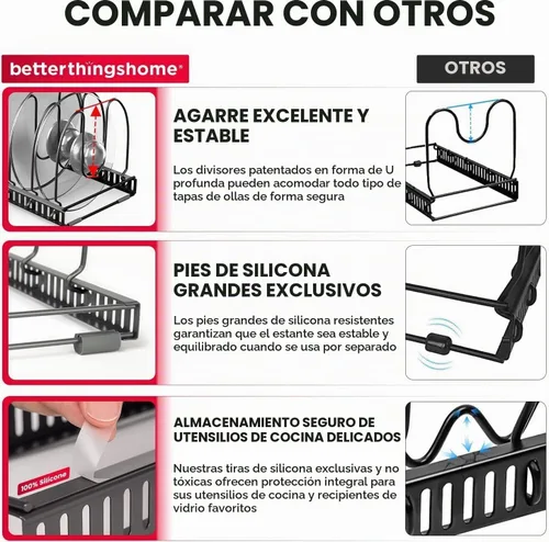 Vista 5 de BetterThingsHome - Soporte organizador de sartenes: se puede extender a 22.25 pulgadas, total 7 compartimentos ajustables. Gris Oscuro