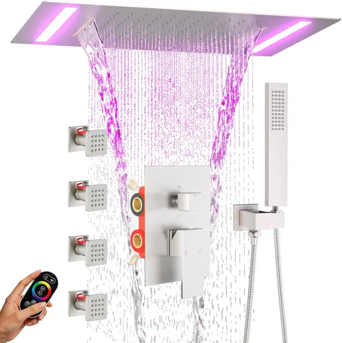 Vista 18 de ENGA Sistema de ducha dorado brillante con chorros corporales, 2 en 1 funciones de montaje en techo, cabezal de ducha LED de 14 x 20 pulgadas con 4