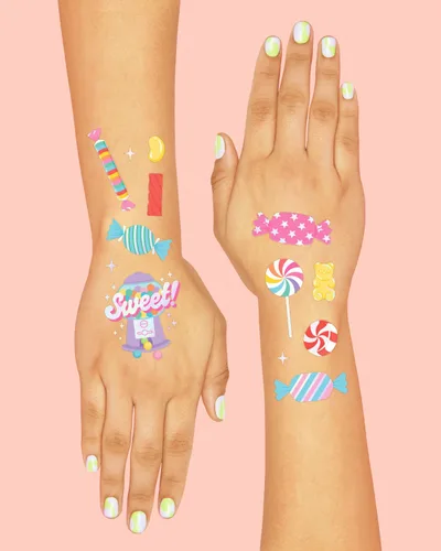Vista 4 de xo, Fetti Tatuajes temporales para fiesta de caramelos, 72 estilos iridiscentes, decoraciones de cumpleaños, recuerdos de fiesta, accesorios de mesa