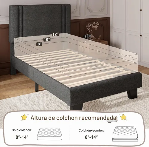 Vista 7 de iPormis Base de cama de plataforma individual con cabecera tapizada de tela y patas gruesas, base de colchón con soporte de listones de madera Gris