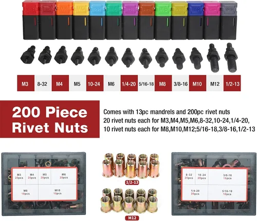 Vista 2 de AIUITIO Herramienta de Tuerca Remachable de 16", Kit de Herramienta Rivnut con 13 Mandriles Métricos y SAE, Juego de Herramienta de Remache Nutsert